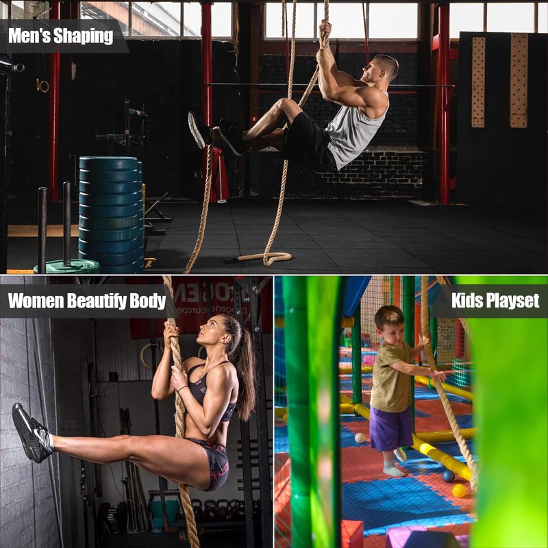 X XBEN Climbing Rope for Gym 10FT 1.5 Inch, Fitness, Strength Training, Heavy Jute Rope for Tree Swing Obstacle Course Backyard, Exercise Workout Pulling Jute Rope for Adults
