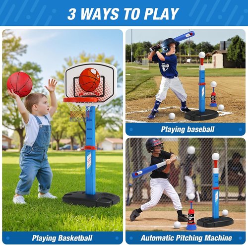 HYES Kids Basketball Hoop & T-Ball Set - Adjustable Height with Automatic Pitching Machine | Indoor/Outdoor Sports Toy for Ages 1-5, Blue