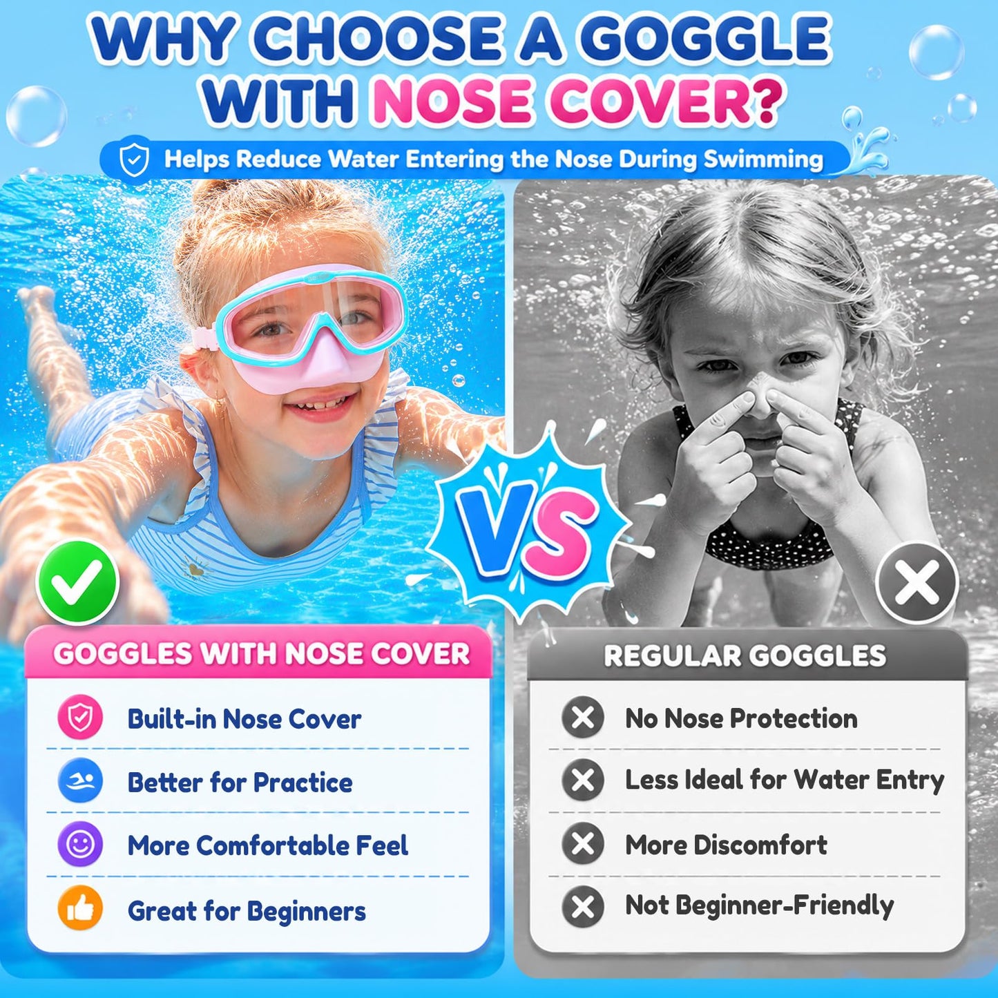 Seago Kids Swim Goggles 2 Pack for 3-12, Anti-Fog UV Protection Clear Wide View No Leaking, Pool Water Toddler Goggles with Nose Cover Swimming Goggles for Kids 6-14 3-5 3-6 4-7 8-12 Boys Girls