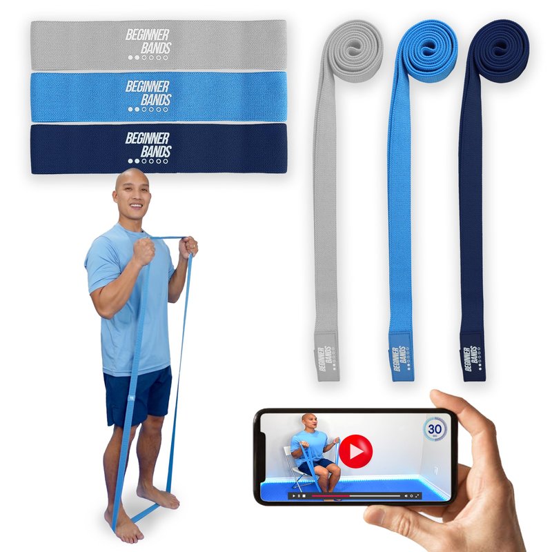 Beginner Bands Set of 6 by Justin Agustin – Specifically Designed for Total Beginners – Gentle Exercise Bands for Seniors & Limited Mobility – Soft Fabric – Home Gym Equipment. Incl. Door Kit & Bag