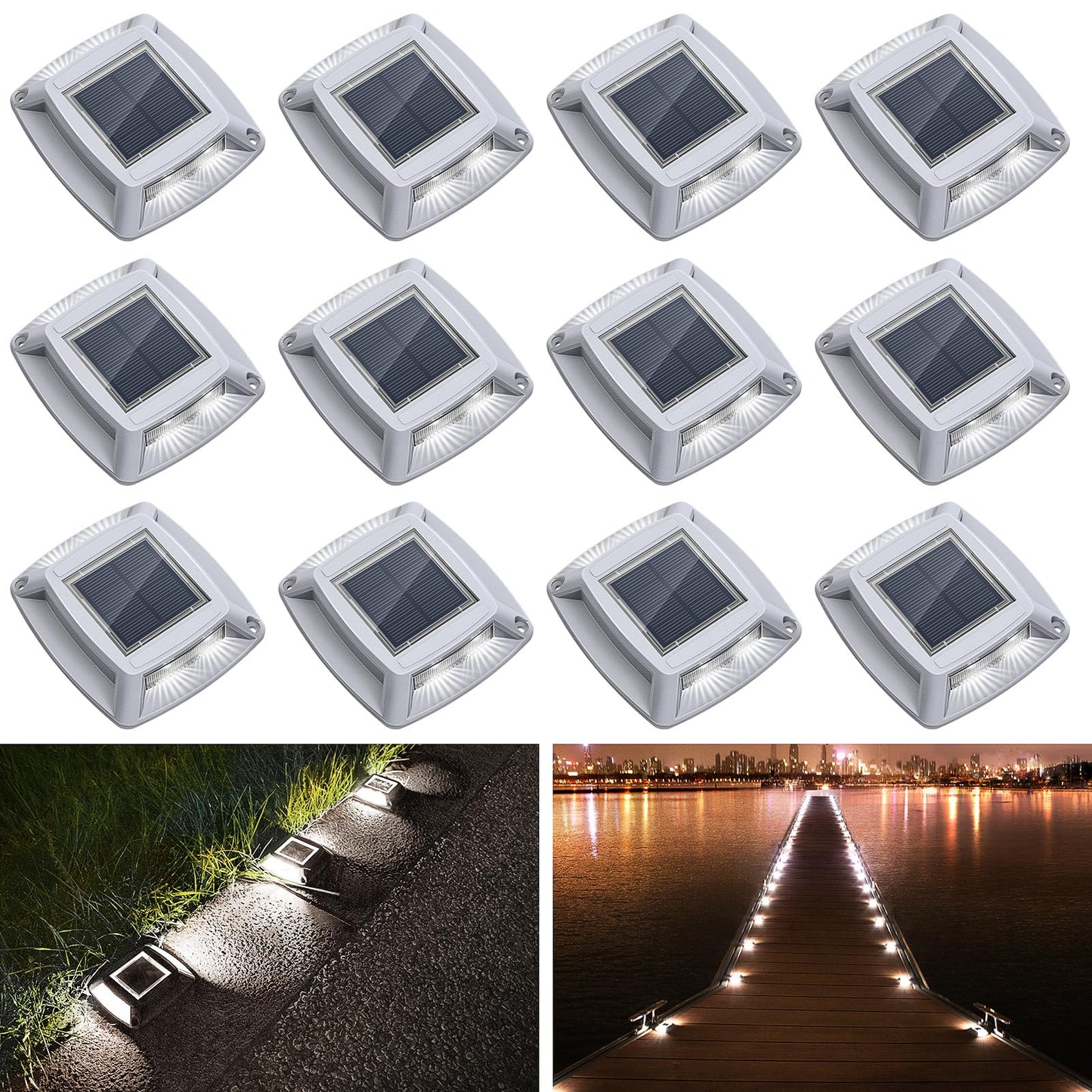 Solar Driveway Lights 12 Pack, Solar Powered IP68 Waterproof Dock Lights, 4 LED Driveway Markers Deck Light for Dock, Pathway, Walkway, Sidewalk, Garden, Yard, Stair, Marine Use (White)