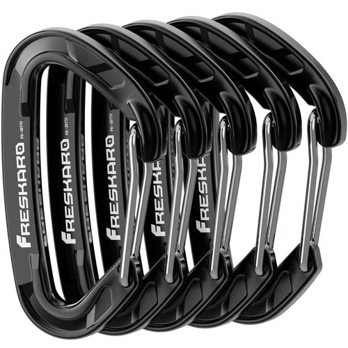 FresKaro 5pcs Carabiner Clips, caribeener clip Heavy Duty, Small Sturdy Key Keychain Accessory, Spring Snap Wiregate Hook, 8kN 1798lbs, for Hiking, Camping, Fishing, Not for Climbing, Mini Size, Black