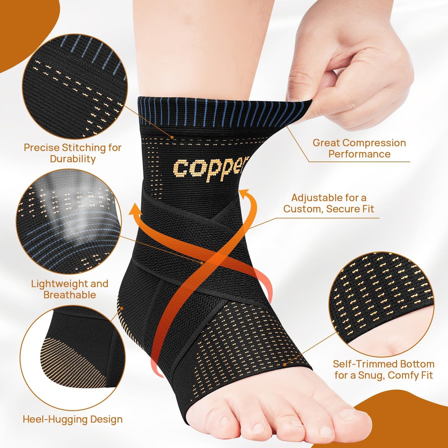 JIUFENTIAN Ultra-Breathable Copper Ankle Braces for Men and Women- Adjustable Compression Ankle Brace for Sprain Recovery, Plantar Fasciitis & Daily Pain Relief | Durable, Fits Any Shoe (Large)