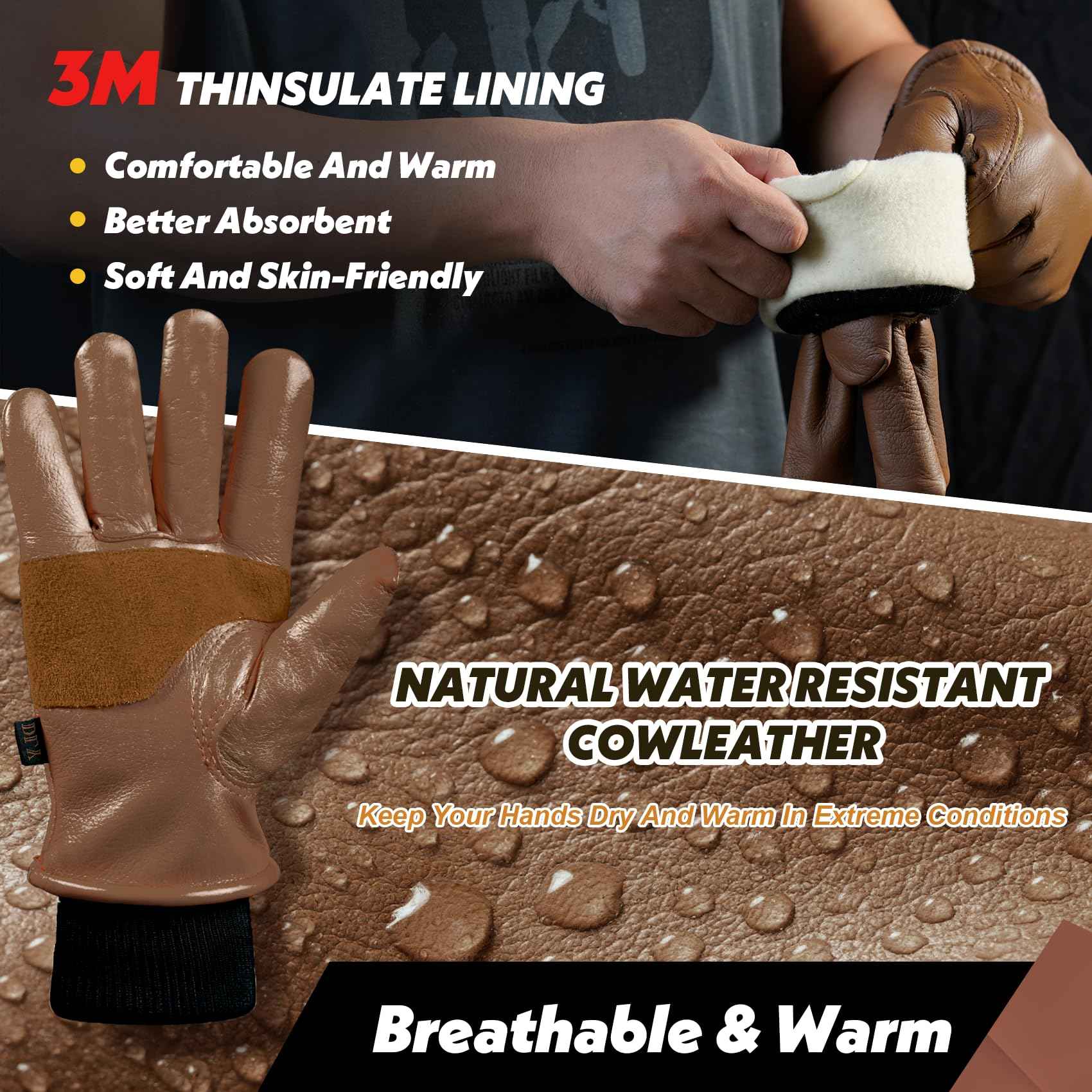 DLY Winter Work Gloves for Men, Water-Resistant, Insulated, Puncture and Abrasion Resistant, Cowhide Leather with Warm Thinsulate Lining for Cold Weather, Large, Brown, New