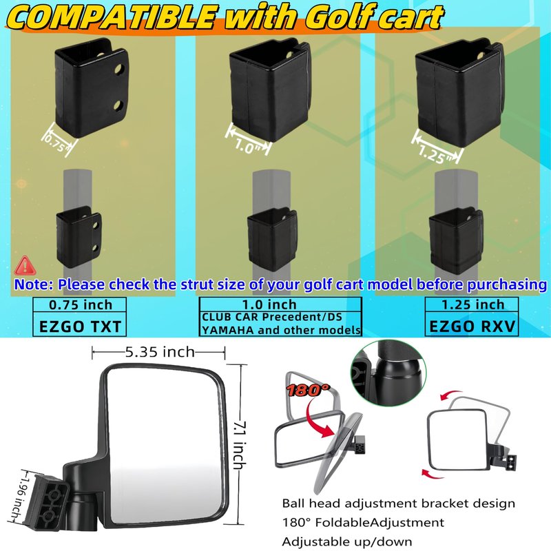 WUKO HUNT Golf Cart Side Mirrors - No Drilling Extra Large HD Glass, Universal Fit for EZGO, Yamaha, Club Car & EPI. 180° Adjustable Folding Rear View Mirrors with 3 Size Clips