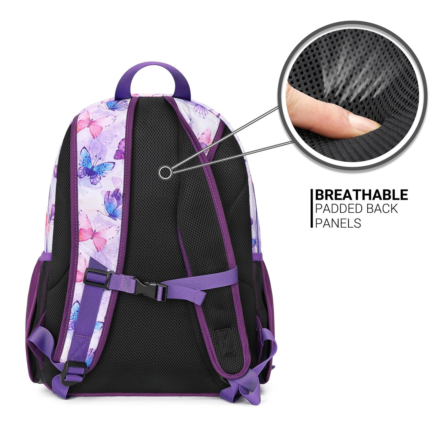 ZORFIN Backpack for School, Travel: Bookbag for Girls Boys - Kids Backpack with Multi Compartments - Butterfly Purple