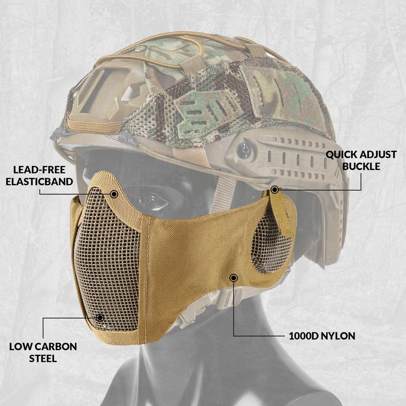 Airsoft Mesh Mask, Tactical Foldable Half Mesh Mask with Ear Protection, Adjustable Military Mesh Mask Lower Face Protective Mask for Airsoft Paintball Shooting Cosplay CS Game (Coyote Brown)