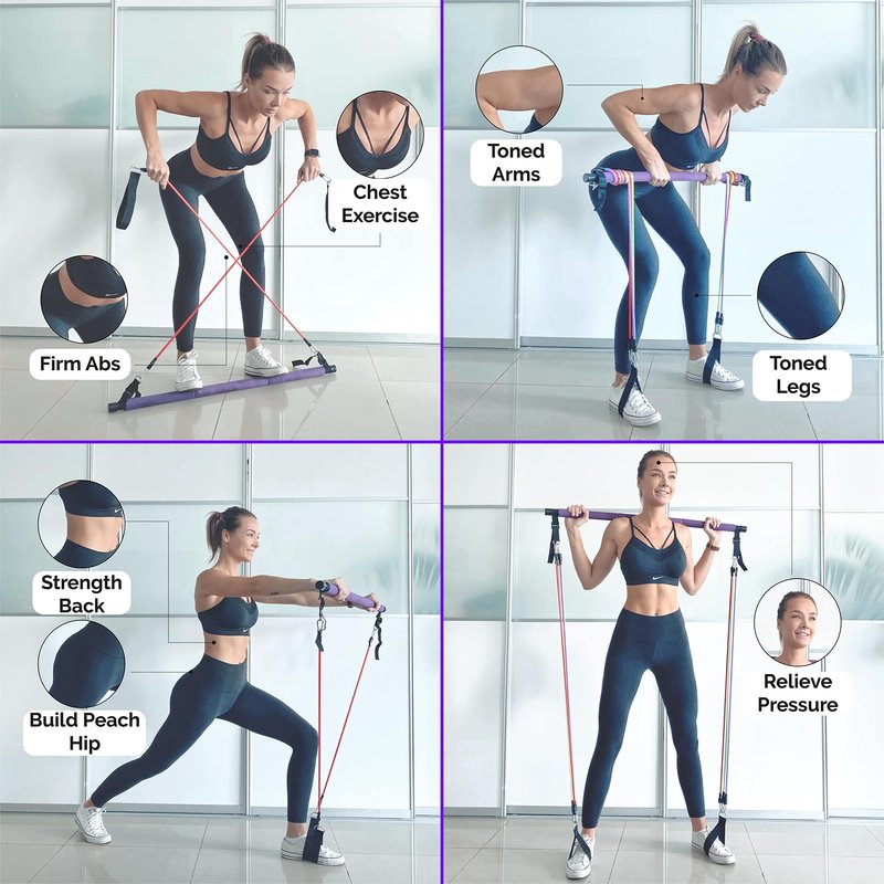 Portable Pilates Bar Kit with Resistance Bands (20, 30, 40, 50 LB) - Guided 8-Week Pilates Bar Kit Plan - Premium Quality Home Equipment 3-Section Pilates Bar with Resistance Bands Full-Body Toning
