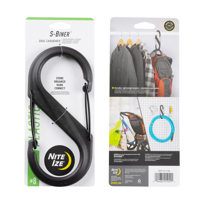 Nite Ize S-Biner Plastic Dual Carabiner - Daily Use Double-Sided S-Biner - Dual Clip Carabiner Accessory for Holding & Organizing - Accessory for Camping & More - Black, Size 8 (3 Pack)
