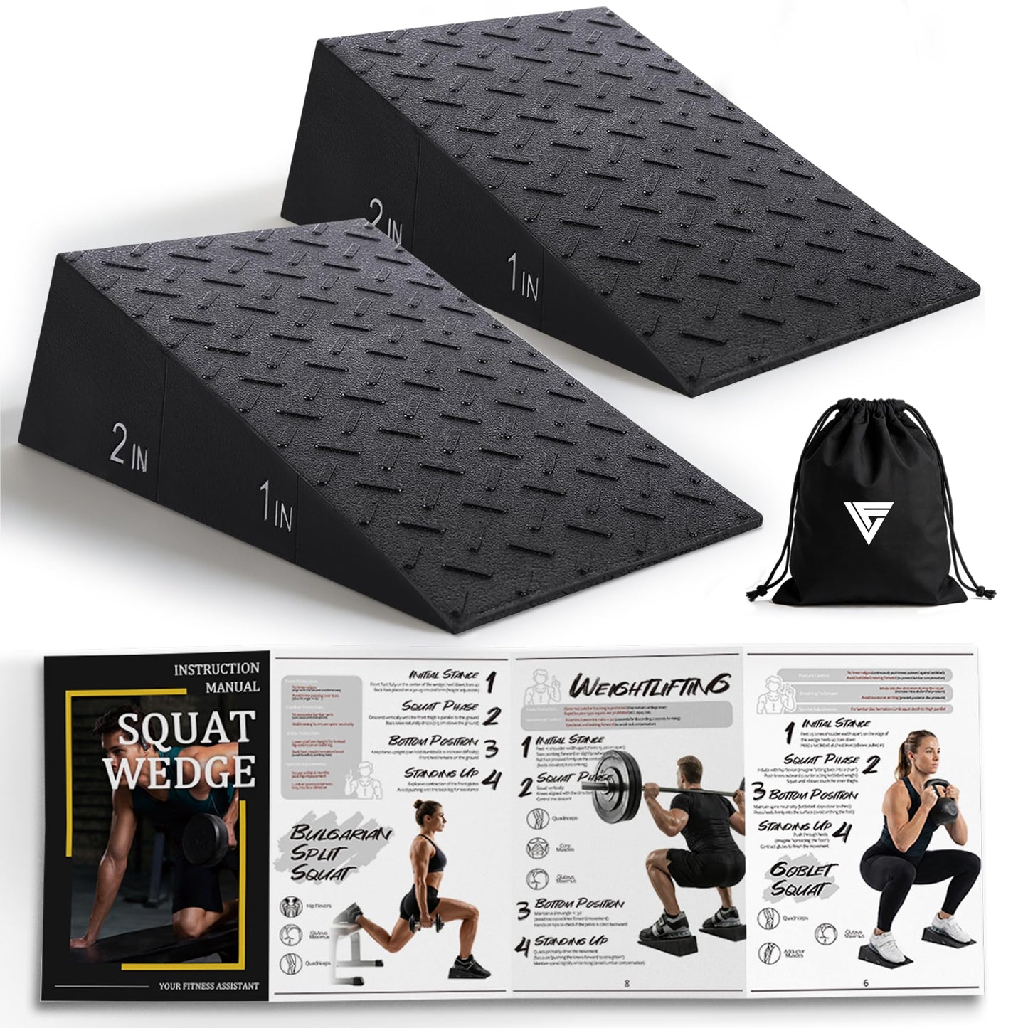 Folaps Squat Wedge Block with Guide for Heel Elevated Squat Weightlifting Slant Board for Squats with Carry Bag to Improve Mobility Balance and Strength