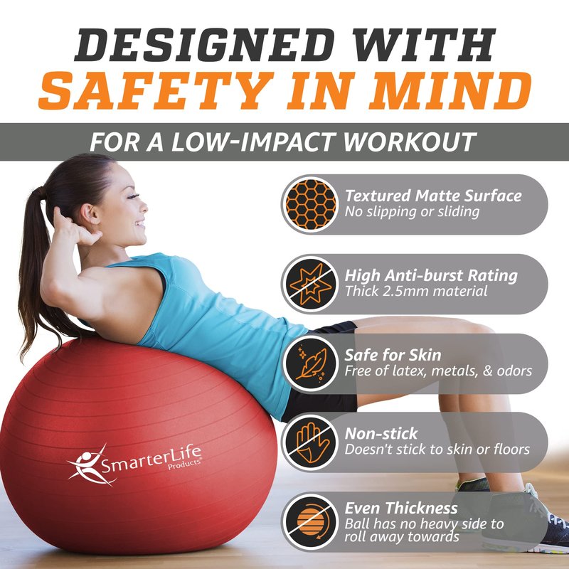 SmarterLife Exercise Ball, Yoga Ball for Fitness, Balance, Stability, or Pregnancy, Gym Ball for Core Workout, Physical Therapy, Yoga Ball Chair for Office, Anti-Slip Anti-Burst (45 cm, Red)