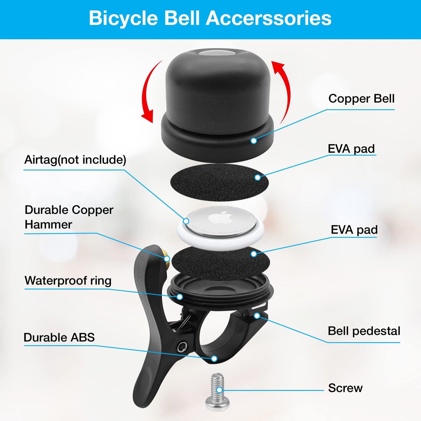 Hidden Design AirTag Bike Bell with Loud Sound and Water-Resistant Holder - Premium Quality, Lightweight, and Easy to Install - Enhance Safety and Track Your Bike with Ease!