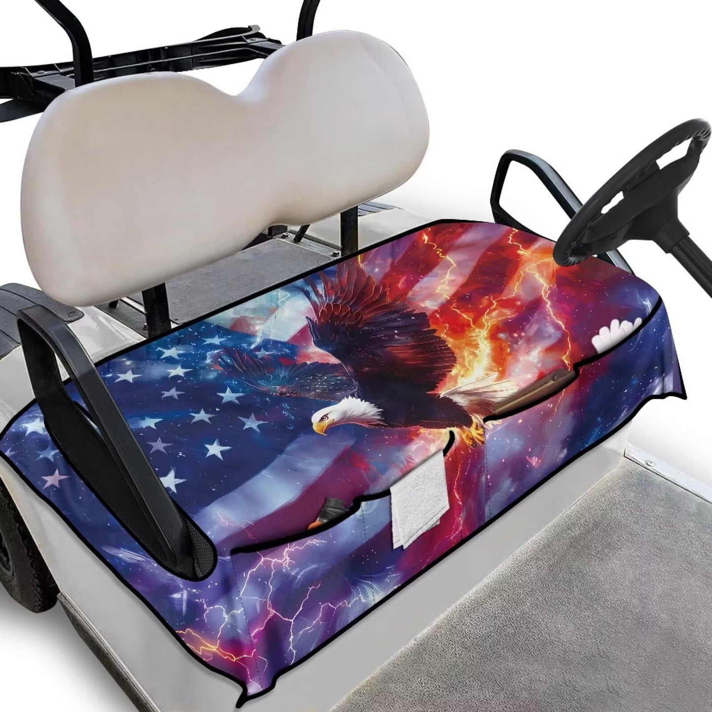 Yaosyuorus Golf Cart Seat Covers, Golf Cart Cushion Covers Eagle and American Flag Summer Winter Fall Golf Cart Seat Towel Blanket Breathable Fabric Golf Accessories Car Decoration Covers