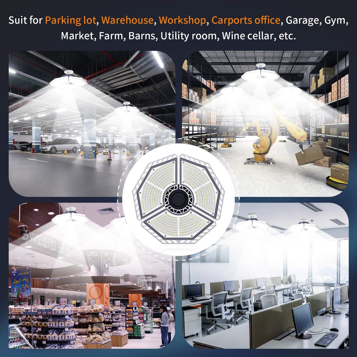 KERNOWO 2 Pack LED Garage Light, 140W 18500 Lumens Lighting, 6000K Daylight With Deformable Three Panels Ceiling Light Fixture E26/E27 Triple Glow LED Shop Light for Basement Workshop