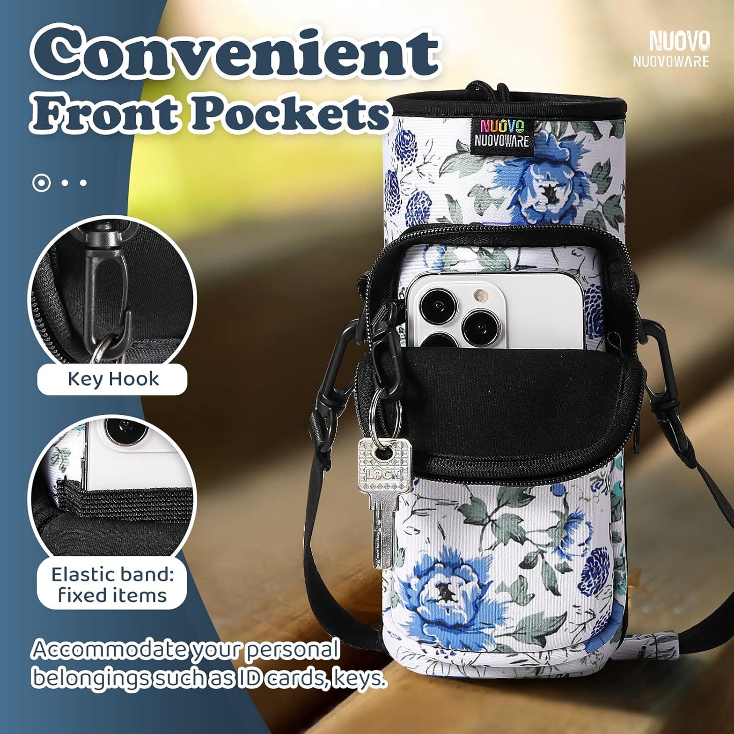 Nuovoware Water Bottle Carrier Bag - Adjustable Neoprene Sleeve with 2 Pockets | Fits 25oz, 40oz, 64oz Bottles