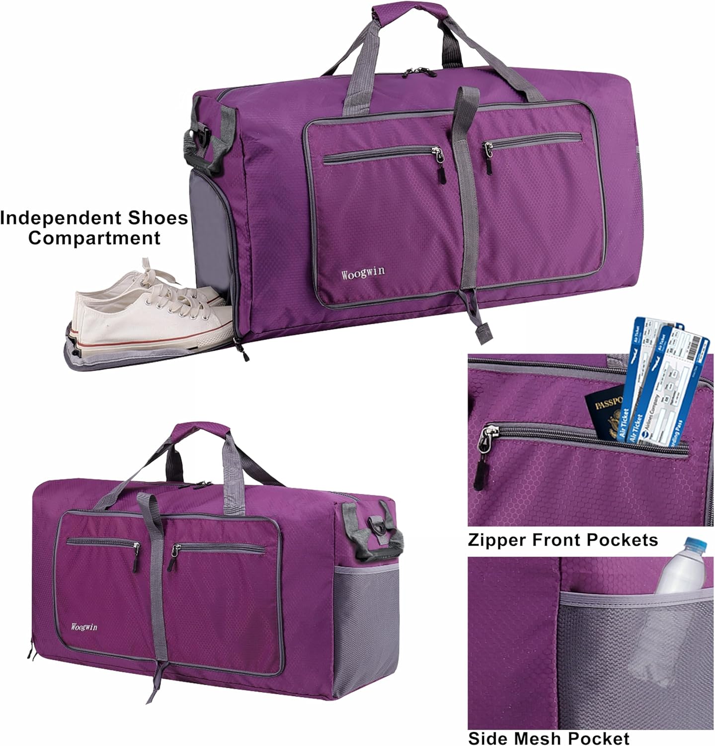 Woogwin Travel Duffel Bag - Large Waterproof & Foldable Overnight Bag for Gym, Beach, and Sports