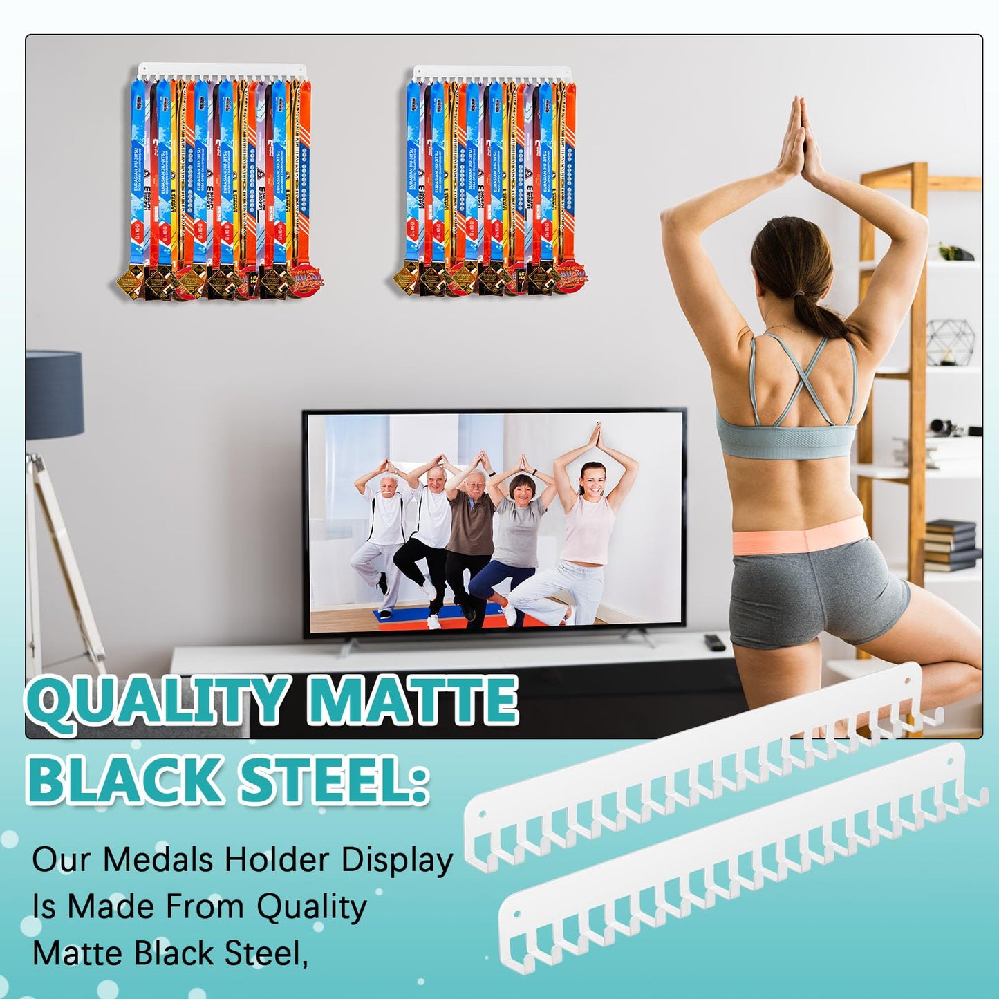 Geetery 4 4 Pack Medal Hanger Display with 20 Hooks Each, Sturdy Steel Wall Mount Medal Holder Rack Holds 60+ Awards for Gymnastics Marathon Sport Runner Soccer Wrestle Swim, Easy to Install (White)
