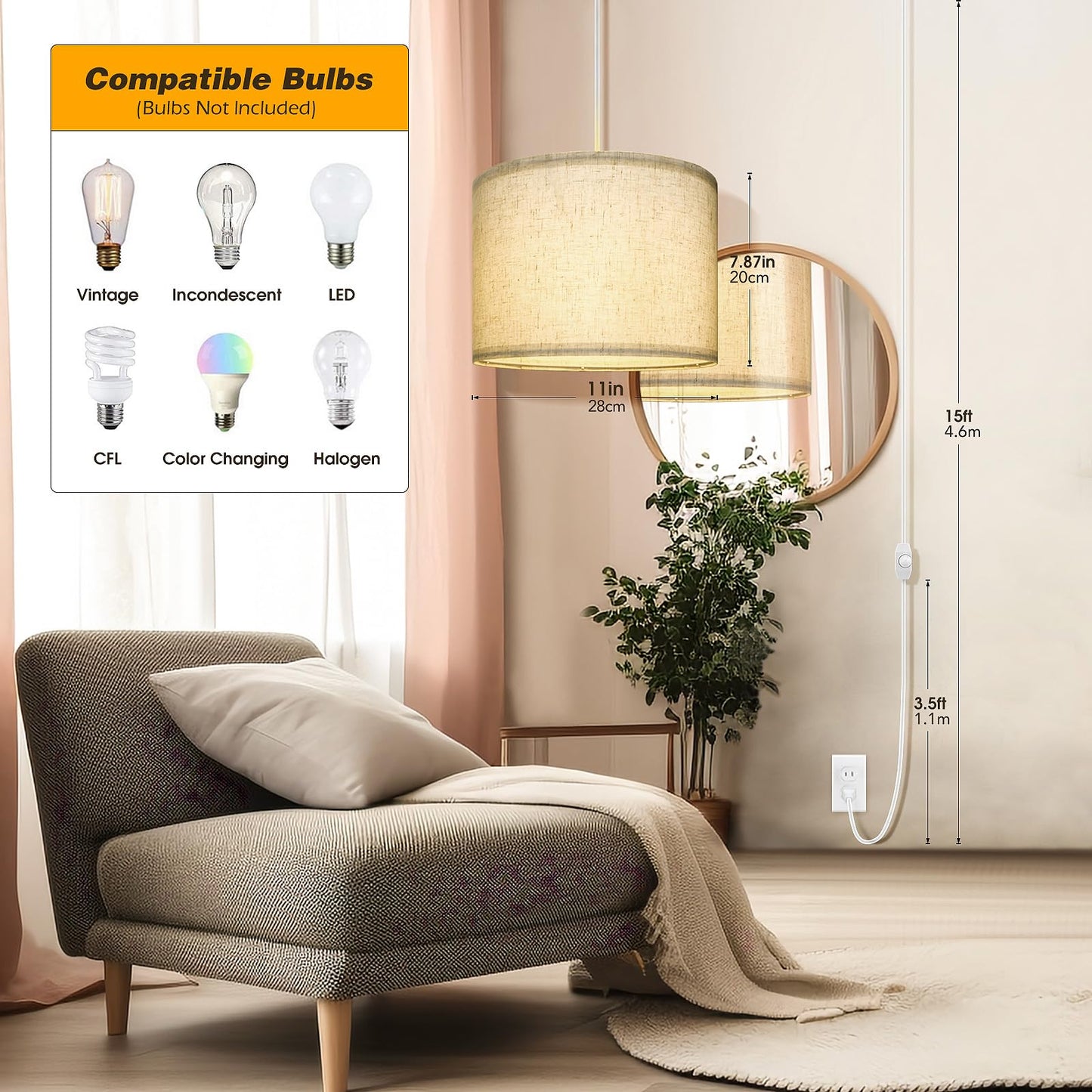 WimiSom Plug in Pendant Light,15 FT Hanging Lamp with Plug in Cord, Dimmable Switch, Pendant Lighting with Fabric Shade, Hanging Light Fixture for Living Room, Bedroom, Dining Room, Kitchen