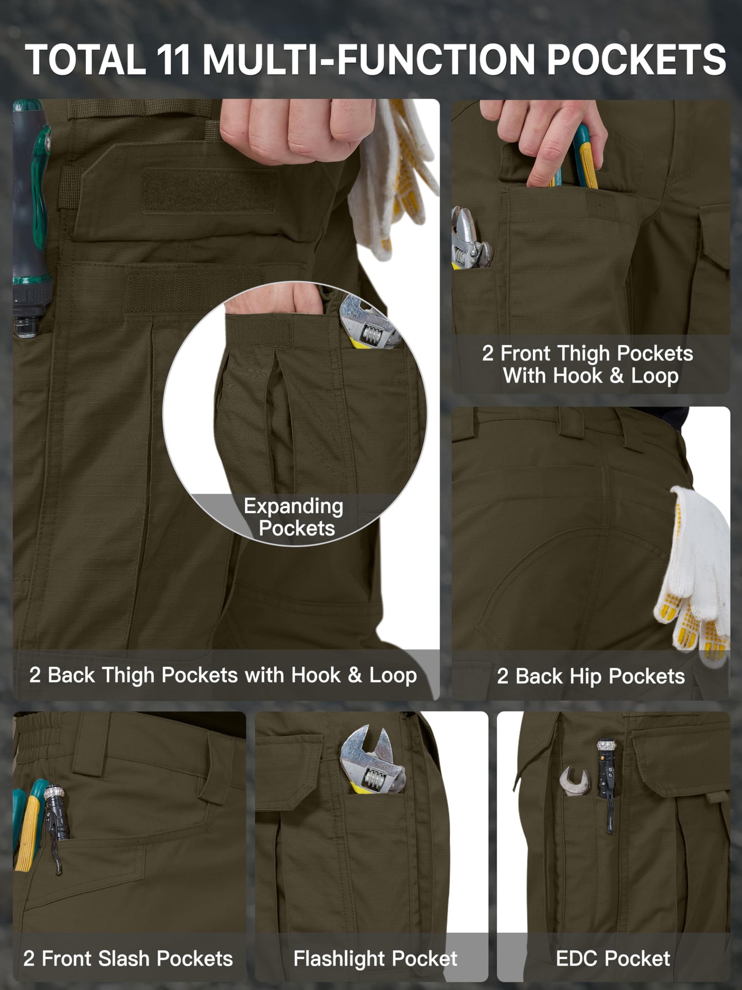 FREE SOLDIER Men's Cargo Pants,Tactical Pants for Men Stretch,Durable Ripstop EDC Work Pants for Hiking (Dark Green 36Wx30L)