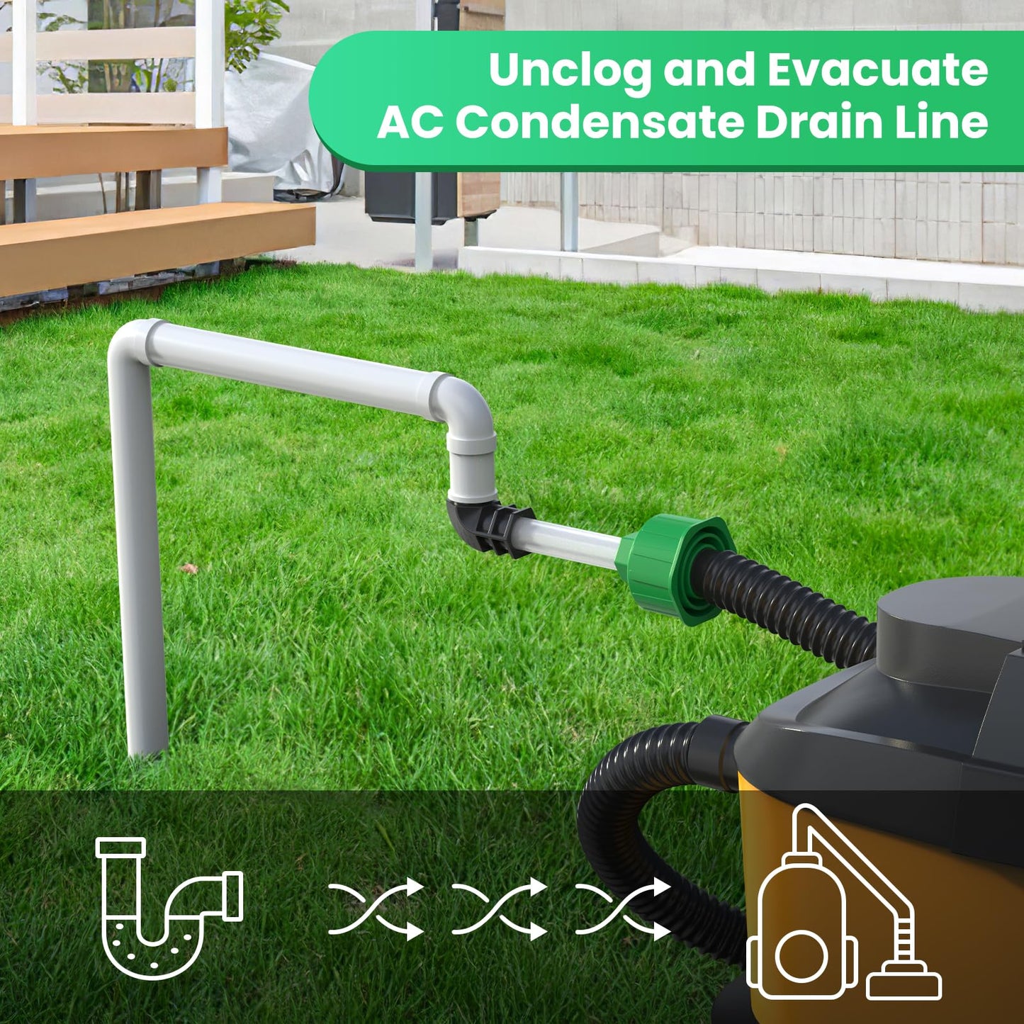 Homeslea AC Drain Line Unclogger, HVAC to PVC Pipe AC Drain Line Cleaner Tool, A/C Condensate Drain Line Cleaner Adapter, Air Conditioner Wet Vac Attachment to Evacuate and Unclog AC Drain Lines-Green