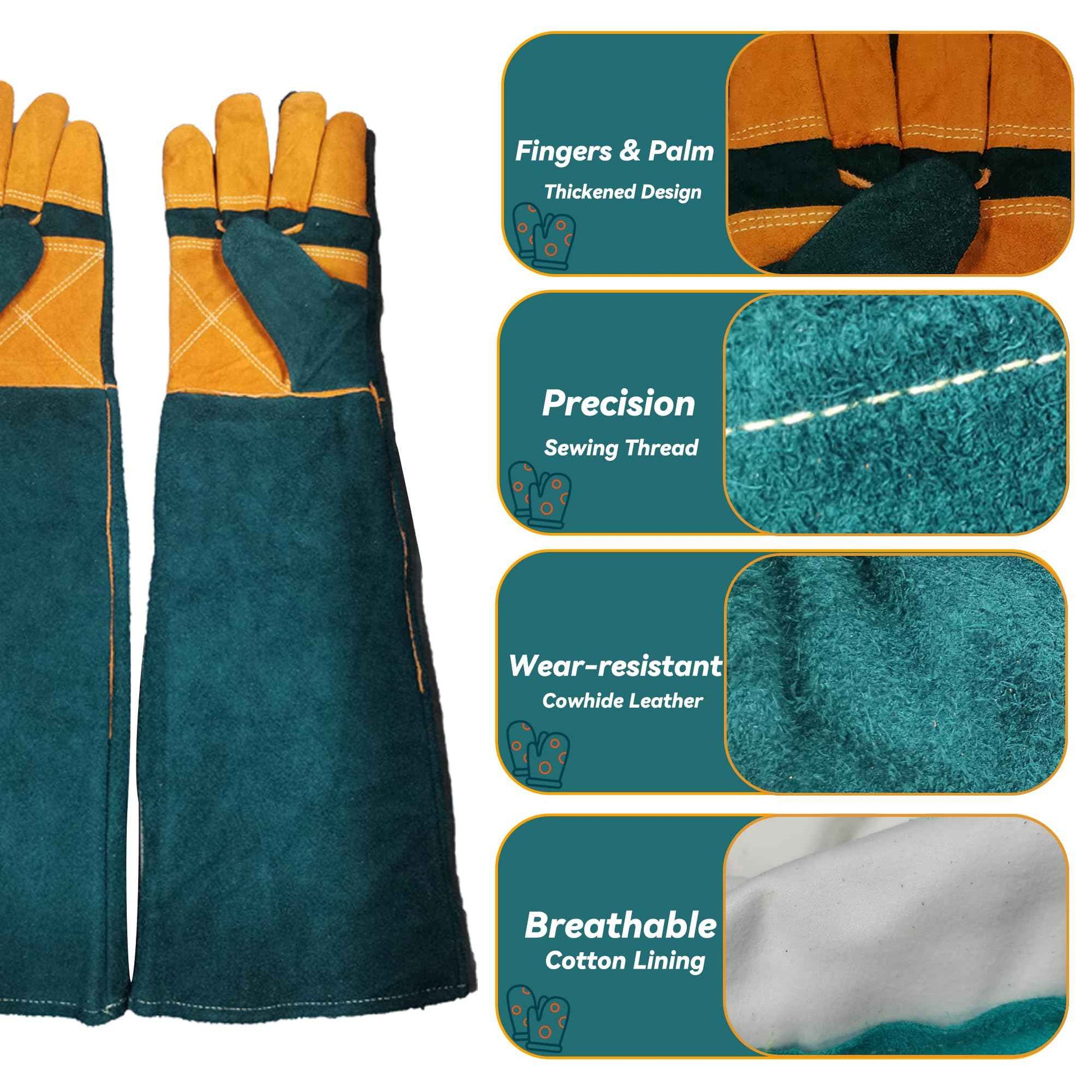 FelRelWel Animal Handling Gloves,23.6" Long Sleeves Gauntlet,Safety Work Glove, Cowhide Leather Anti Bite Glove Confront Pet Cat Bird Bite,Proof Gloves for Dogs Training, Dark Green,1 Pair