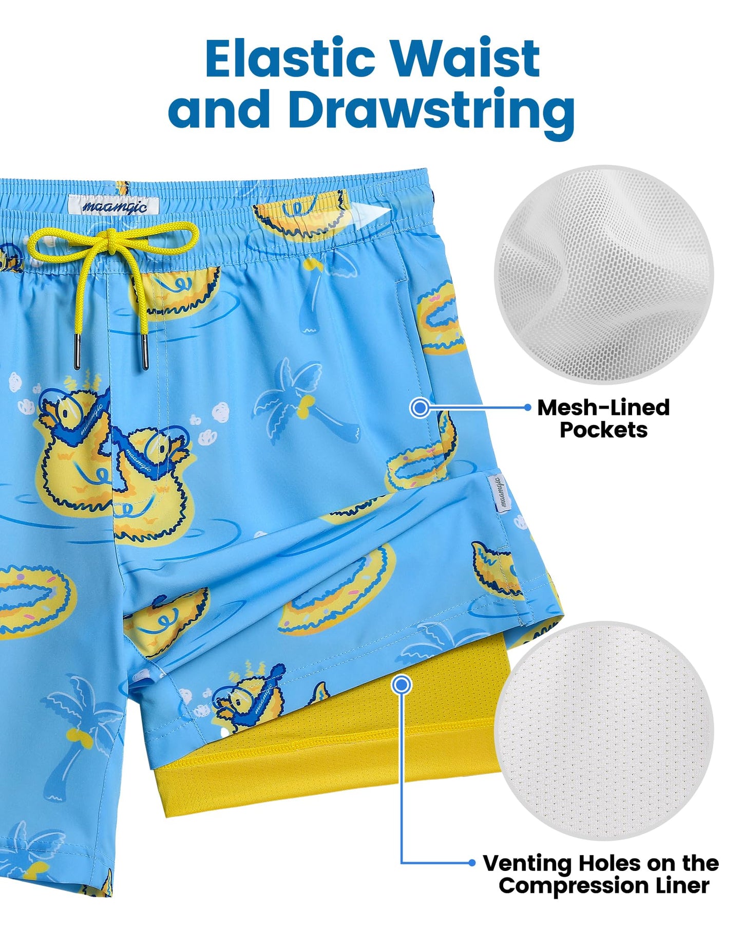 maamgic Mens Swim Trunks with Compression Liner 7 Inch Inseam Mens Bathing Suit Quick Dry Swimming Trunks Swimsuit Swimming Duck Blue and Yellow X-Large