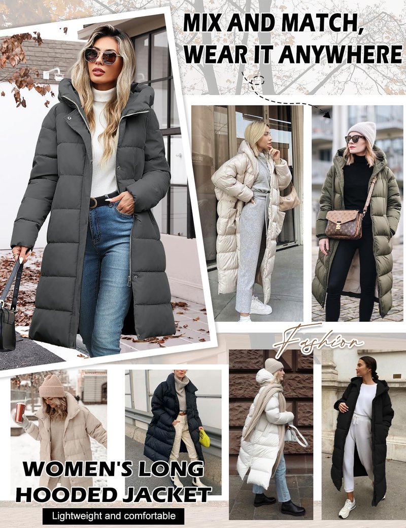VXVGER Winter Coats for Women-Puffer Jacket Hooded Warm Winter Long Coat Thickened Down Alternative Jacket Outwear, Dark Gray, XL
