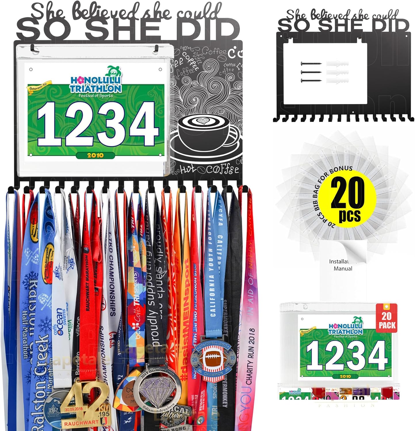 SO SHE DID Race Medal Holder - Stylish Wall Hanger for Marathon & Runner Medals | Durable Display