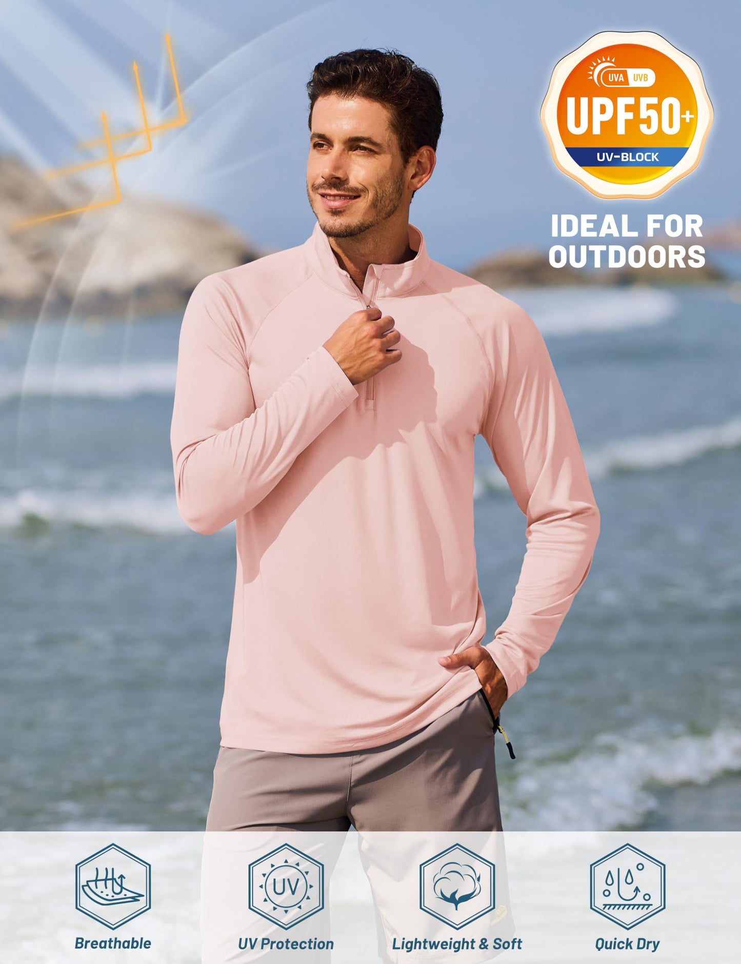 TACVASEN Long Sleeve Shirts Men Athletic Quarter Summer Tops for Sun Protection Men Workout Golf Shirts Running for Rash Guard Light Pink Pink M