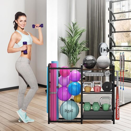 Homsorout Sports Equipment Organizer - Large Capacity Ball Storage with Hooks & Baskets