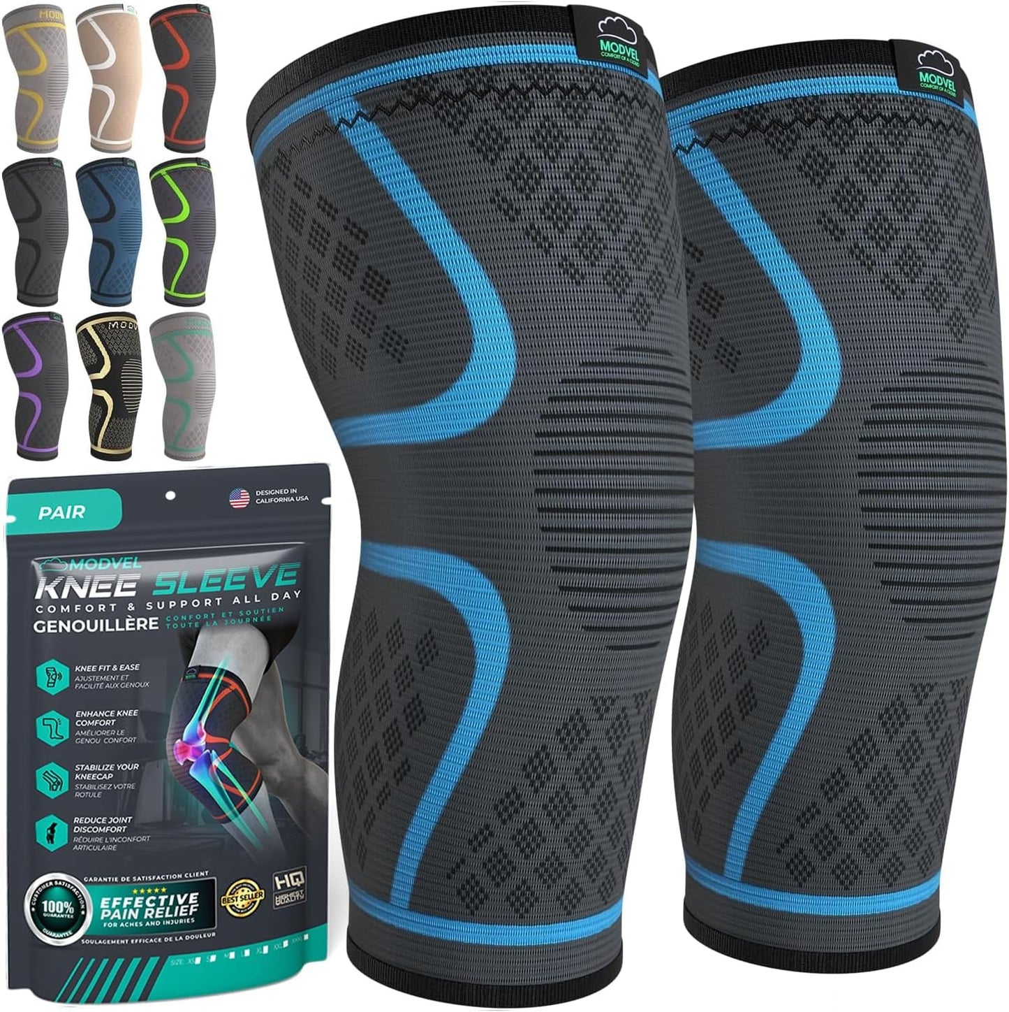 Modvel Compression Knee Brace - 2 Pack Knee Support Sleeves for Pain Relief & Injury Recovery