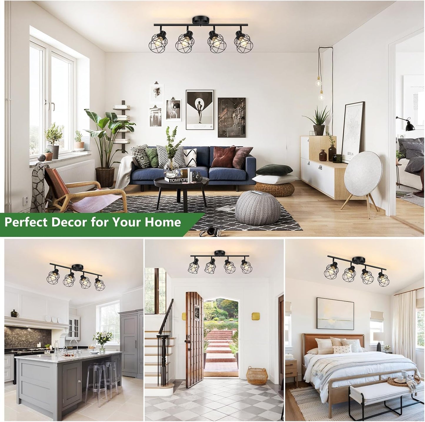 Adjustable 4-Light Semi Flush Mount Ceiling Light with Metal Cage - Farmhouse Style for Dining & Living Rooms