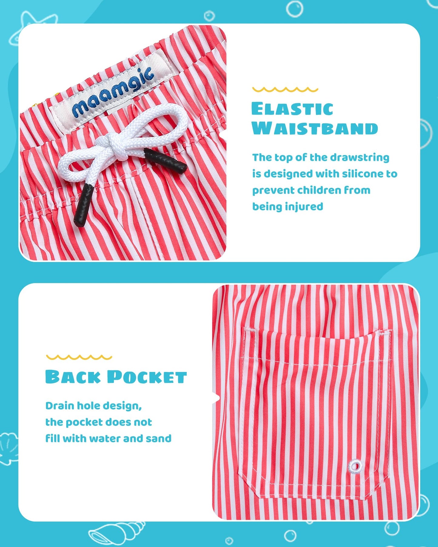 maamgic Boys Swim Trunks with Compression Liner Toddler Stretch Swim Shorts Quick Dry Swimming Trunks Boxer Brief 2 in 1 Beach Shorts Red Stripe 10/12