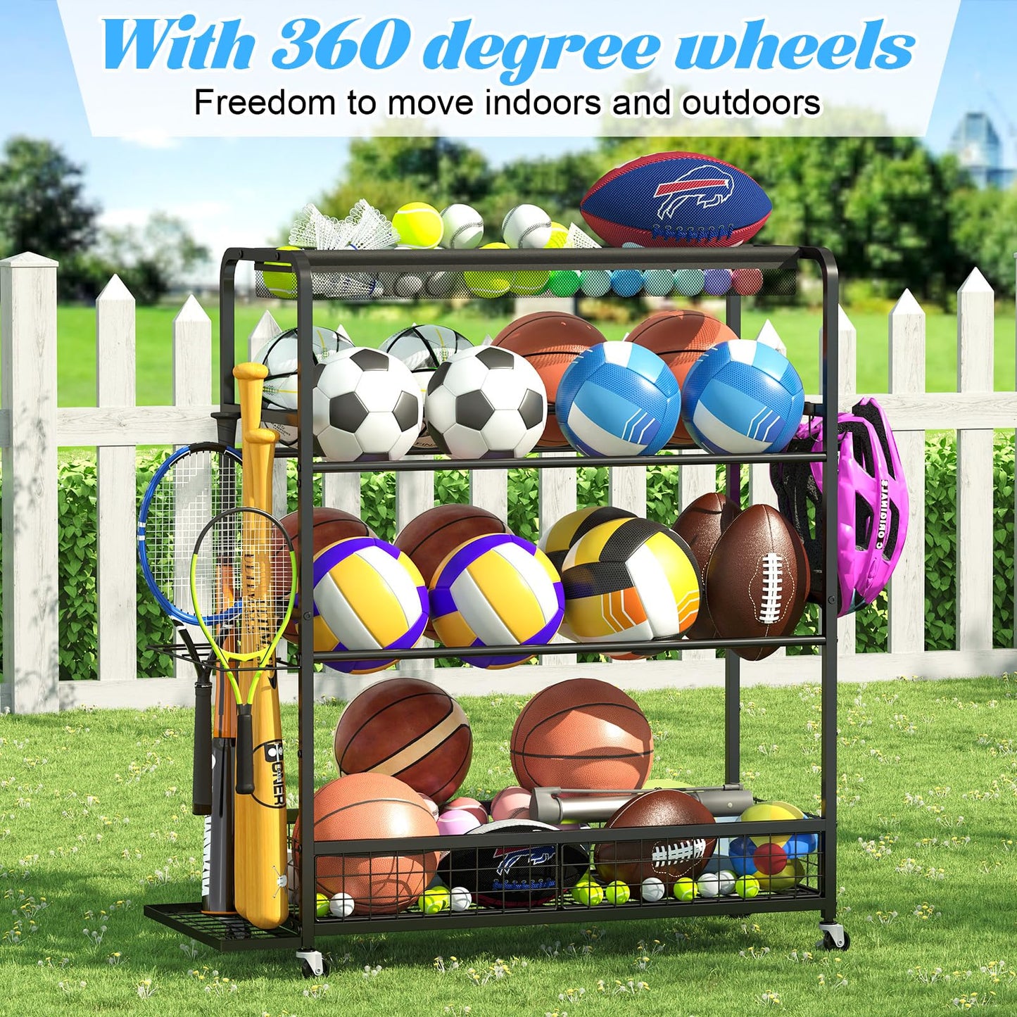 Basketball Hoop,Wheeled Sports Ball Storage Rack,Double-Row Basketball Hoop Holds 16+ Balls,Ball Storage Rack with Baseball Bat Holder and Hooks,Stores Basketballs,Soccer Balls,Footballs,etc.-Black