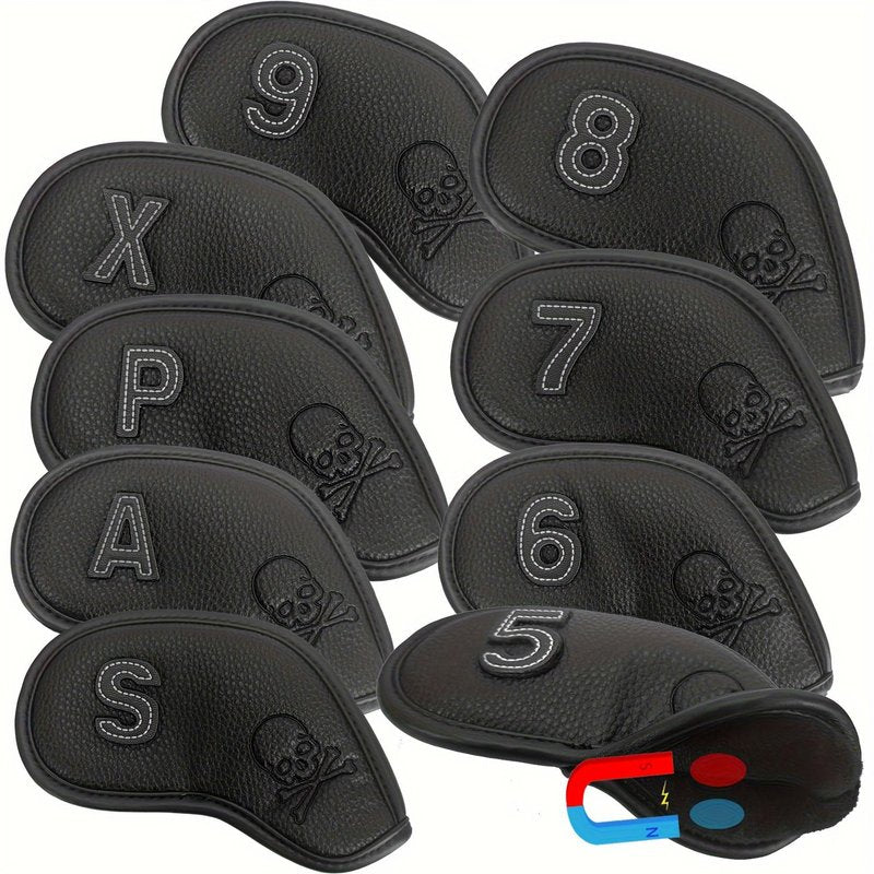 GOLUCKPAY Premium Magnetic Leather Iron and Wedge Golf Club Head Covers | Set of 9| Fits Most Clubs | Embroidered Club Label on Both Sides of Club Head Cover