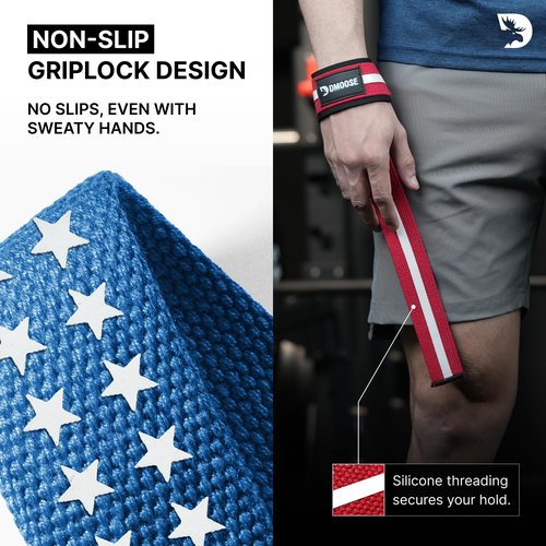 DMoose Fitness Lifting Straps - 4mm Neoprene Padded Wrist Straps for Weightlifting & Powerlifting - Cotton Lifting Strap with Silicone Grip for Men & Women (American Silicone)