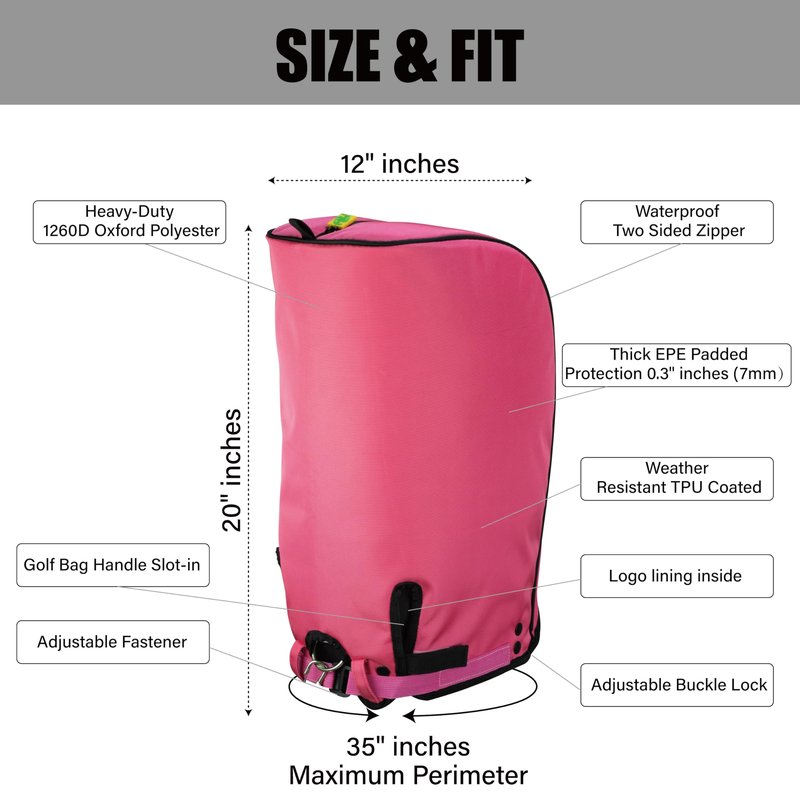 SANDIAN, Pink Color, Golf Bag Rain Hood Cover, Waterproof 1260D Oxford Polyester, 12x20 Inches, Padded Protection, PU Coated, Two Sided Zipper, Adjustable Buckle Lock Fasteners, Snap Button Locking