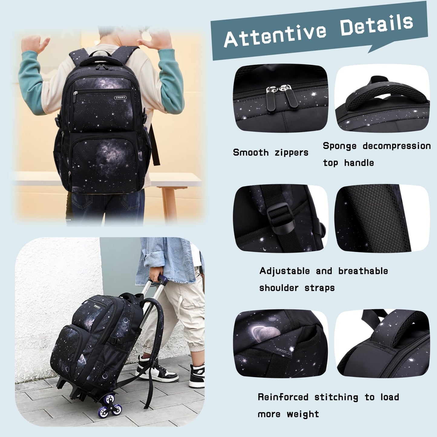 3Pcs Space Print Rolling Backpack Boys Bookbag on Wheels with Lunch Bag, Wheel Trolley Bag for School
