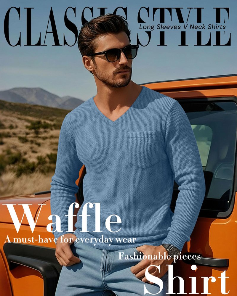 Neer 3 Pack Mens Big and Tall Waffle Shirts Long Sleeve V Neck Pullover Underwear Tops Basic Undershirts with Pocket(Black, Haze Blue, Gray Green,3X-Large)