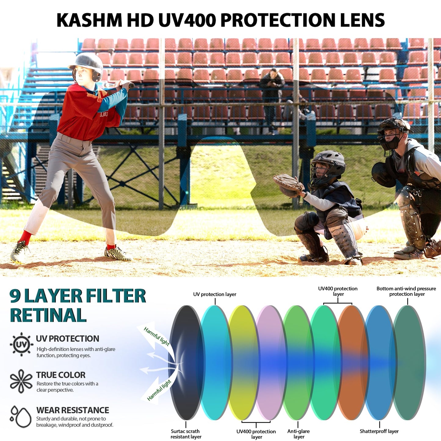 Kashm Youth Baseball Sunglasses for Boys Girls Softball Cycling Sports Sunglasses Kids Lightweight UV Protection