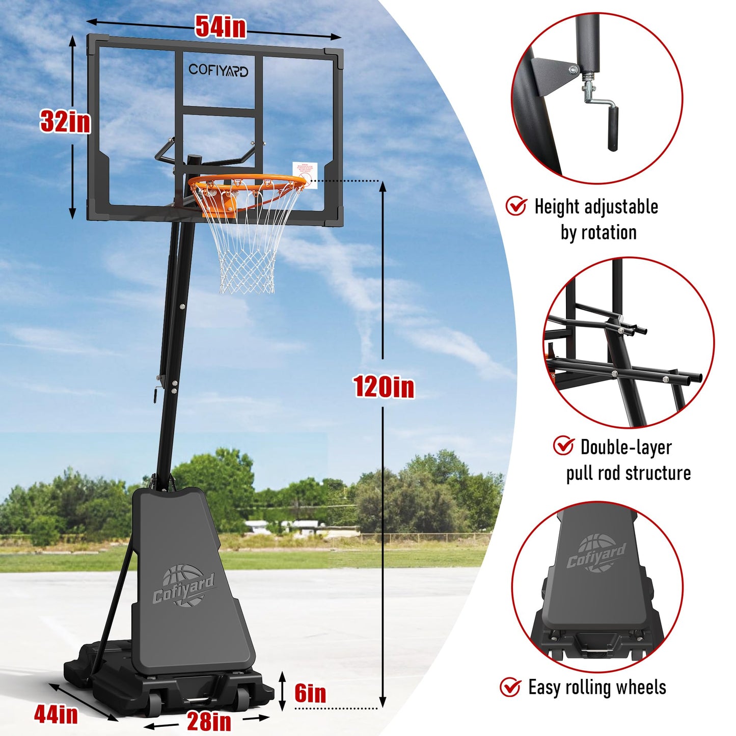 Cofiyard Basketball Hoop Outdoor with 44/48/54 Inch Shatterproof Backboard,10FT Height Portable Basketball Hoop with Sandbag, Adjustable Basketball Goal with Wheels