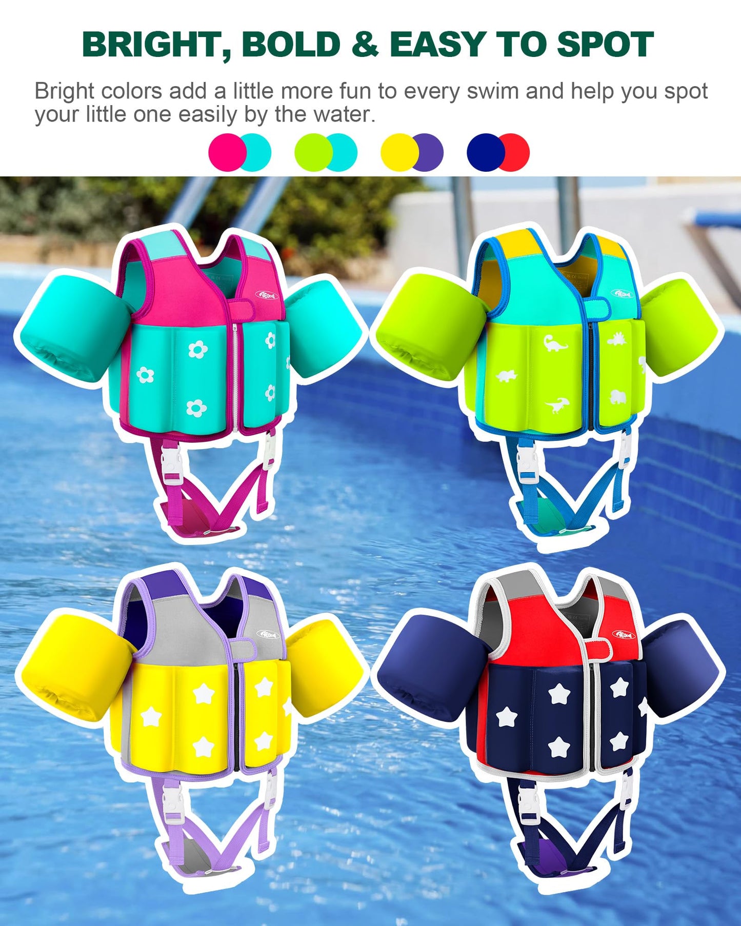 AEOCOO Kids Pool Floaties 1-2-3-5-7-9 Years Old, Toddler Swim Vest 20-30-50-70 Pounds, Comfortable Extended Wear Kids Float Jacket with Crotch Strap, Bright Design and Unpadded Sides, Blue