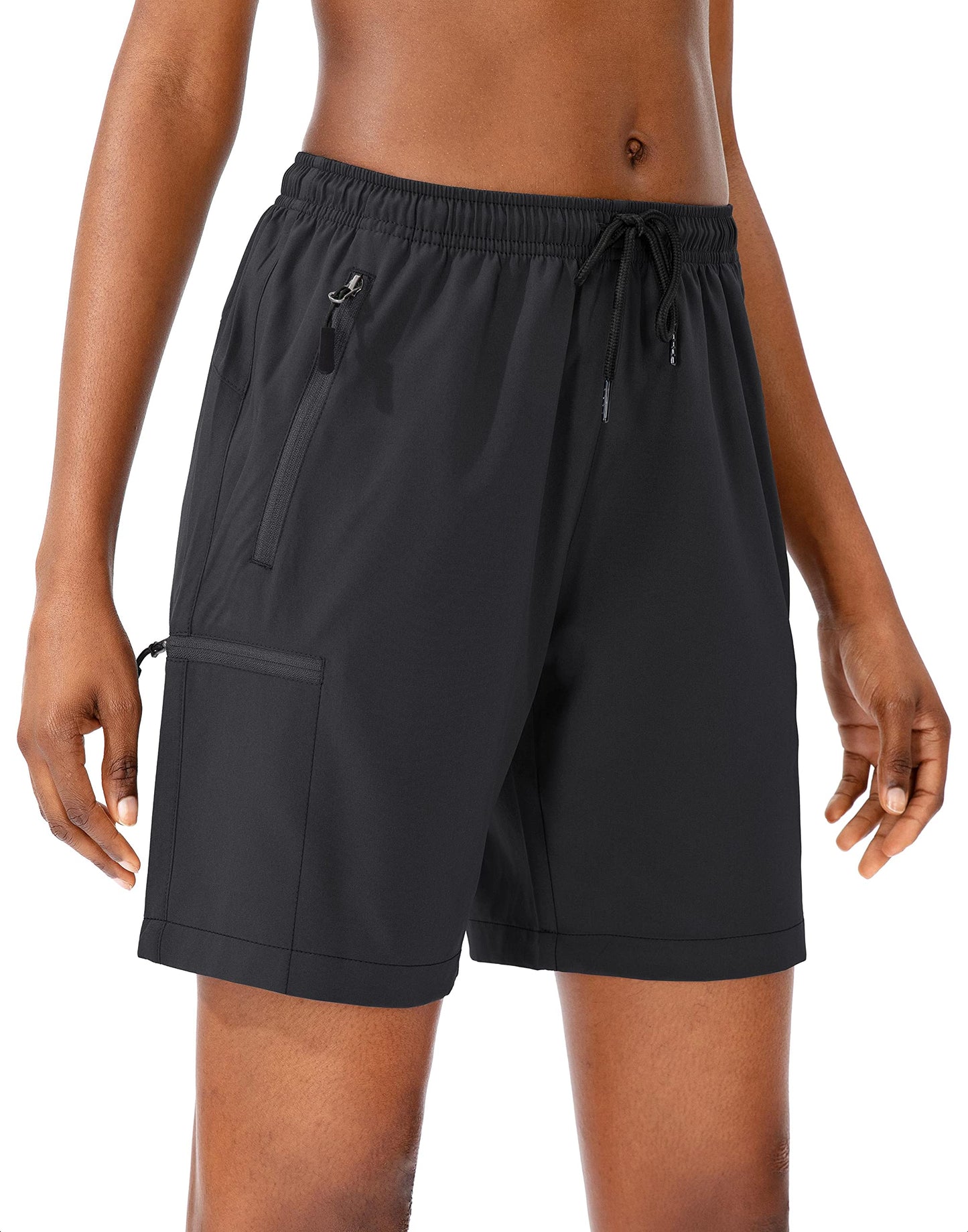 SANTINY Women's 5''/ 7''/9'' Hiking Cargo Shorts Quick Dry Lightweight Summer Shorts for Women Athletic Golf Zipper Pockets(Black_M)