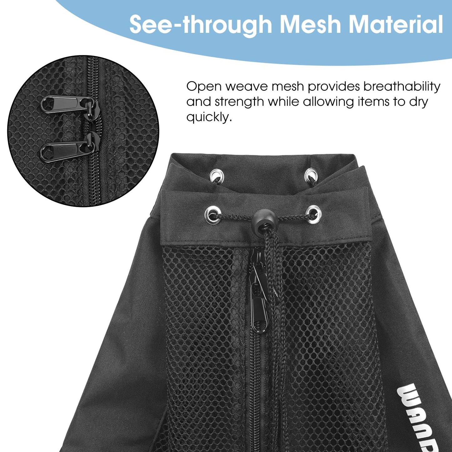 WANDF Swim Bag for Swimmers, Mesh Beach Backpack (M,Black)