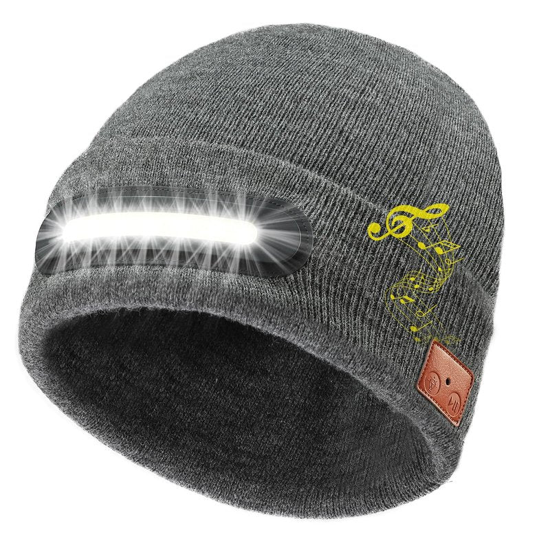 RANCOVY Bluetooth Beanie with Light, Musical Knit Hat with Wireless Headphone, LED Beanie with Bluetooth for Men Women Grey