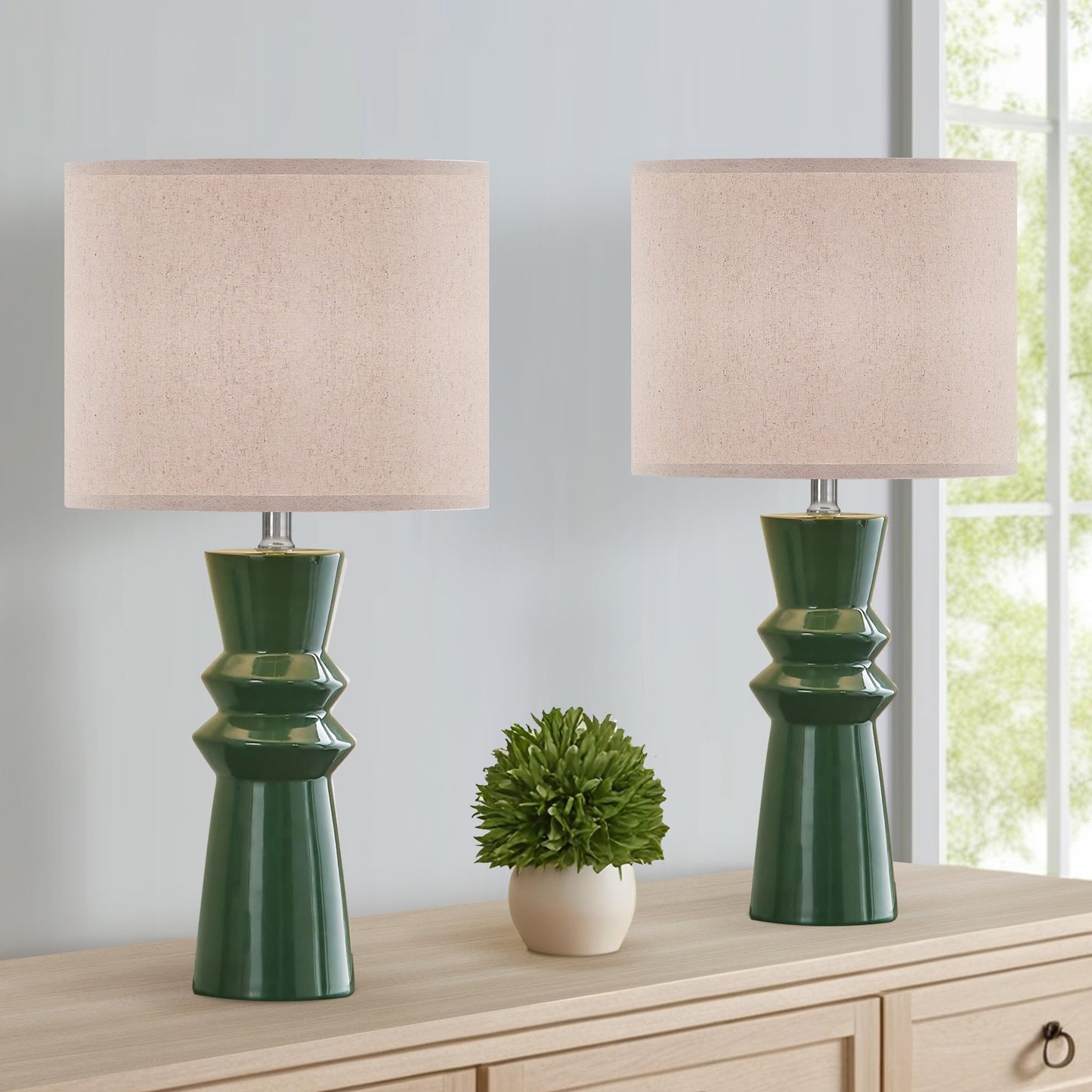 HGNPJC 24.75" Green Ceramic Table Lamp Set of 2-3-Way Dimmable Nightstand Lamps with Pallid Shade for Bedroom Farmhouse Bedside Nightstand Bedside Lamp End Table Lamps (Dark Green)