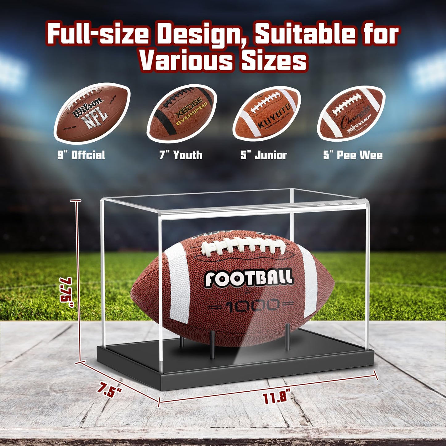 KKU Football Display Case, Acrylic Football Case with Wooden Base One-Piece Design, Autographed Football Holder for Football Fans & Collectors, Sports Collectibles, No Assembly Required - Black