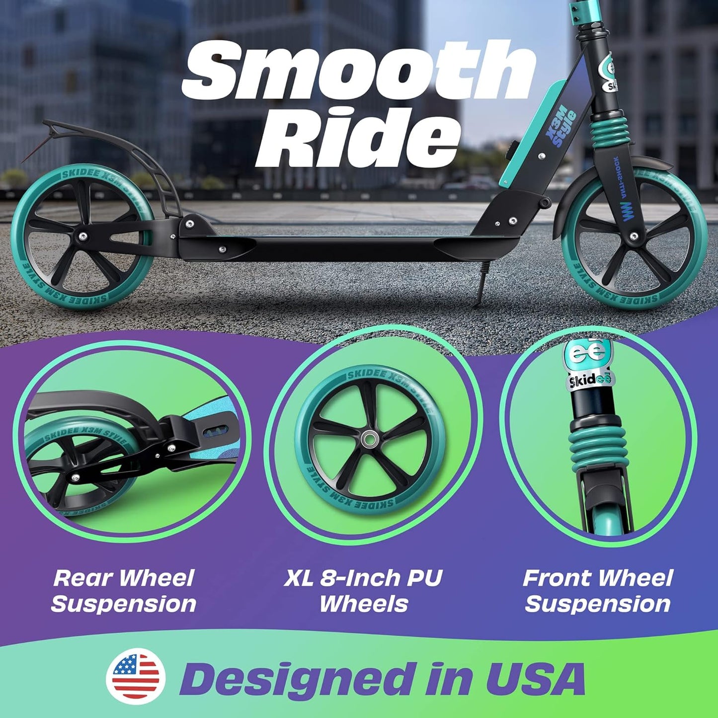 Skidee Adult & Teen Scooter - Adjustable Height, Lightweight & Durable Design | Large Wheels, Anti-Shock Suspension, 220 lbs Capacity