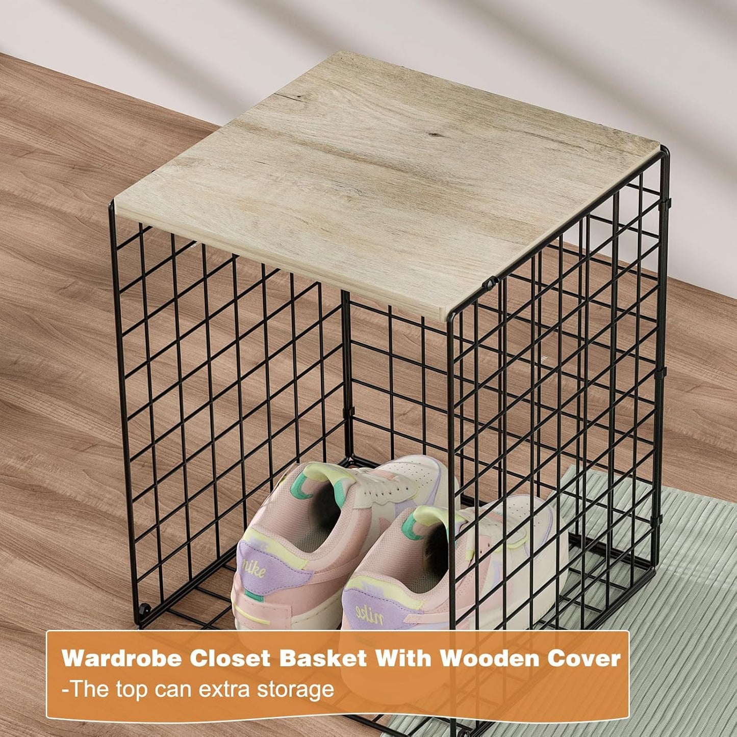 Skiennix Closet Organizer Set - Sturdy Stackable Wire Storage Bins with Wood Top - Black, Set of 3