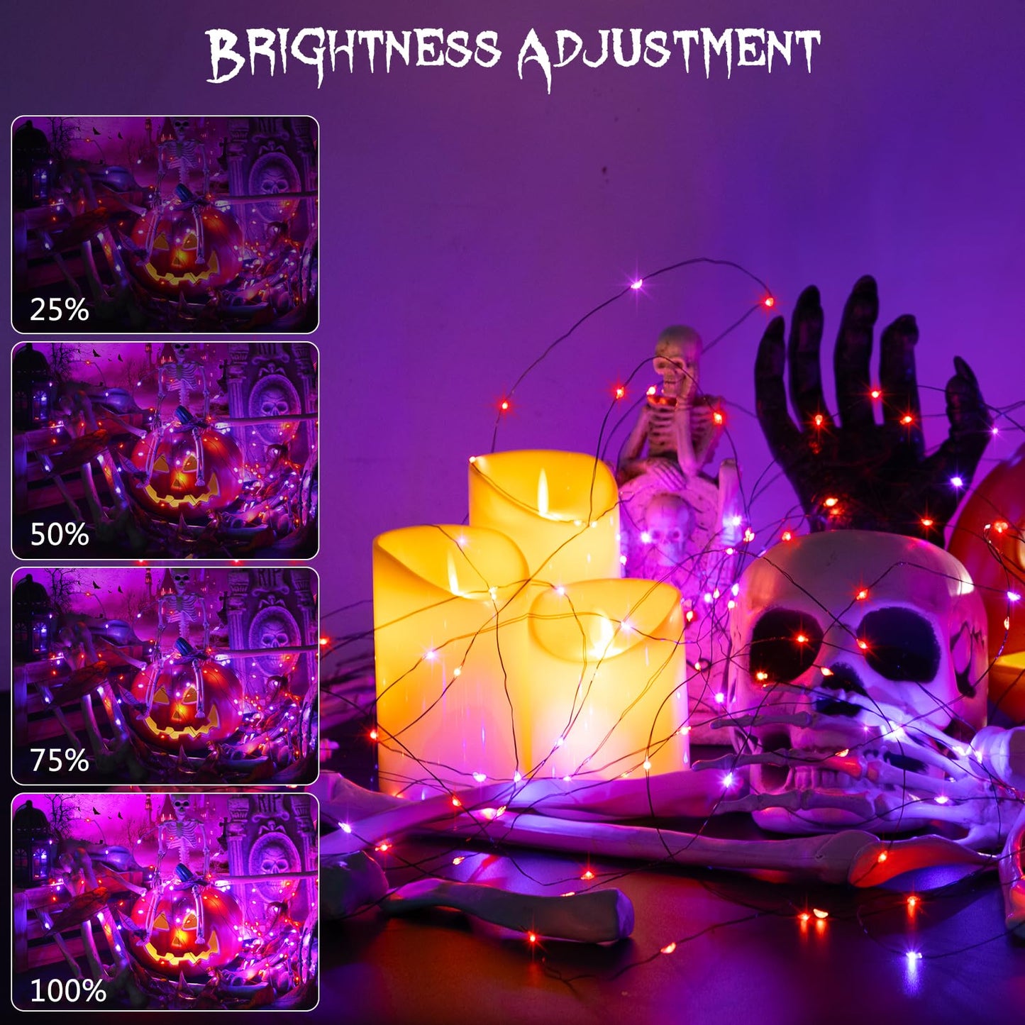 ZAIYW Halloween Fairy Lights Battery, 4 Pack 16.5Ft 50 LED Fairy Lights with Remote Control Timer 8 Modes, Black Copper Wire Twinkle Lights for Indoor Outdoor Halloween Decor (Purple Orange)
